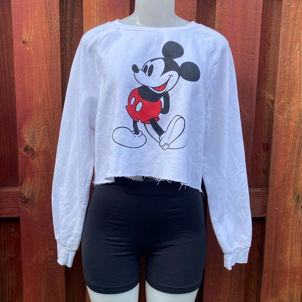 Disney White Classic Mickey Mouse Graphic Raw Hem Cropped Sweatshirt Large L